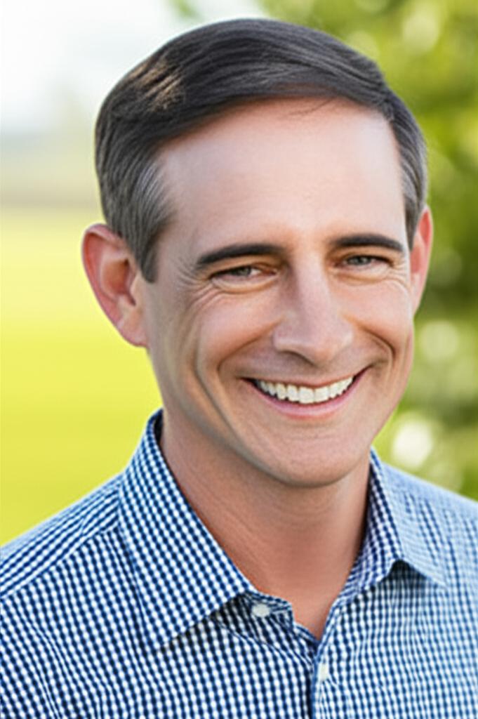 Happy man in his 50s smiling and looking energetic, standing after sitting for a long time, outdoor setting, realistic photo