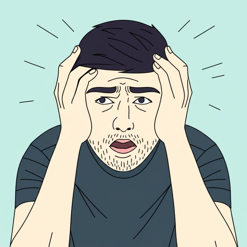 Illustration of a man looking stressed and frustrated, holding his head in his hands, representing past struggles