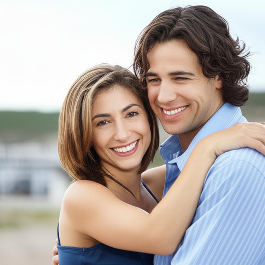 A happy couple smiling and embracing each other warmly