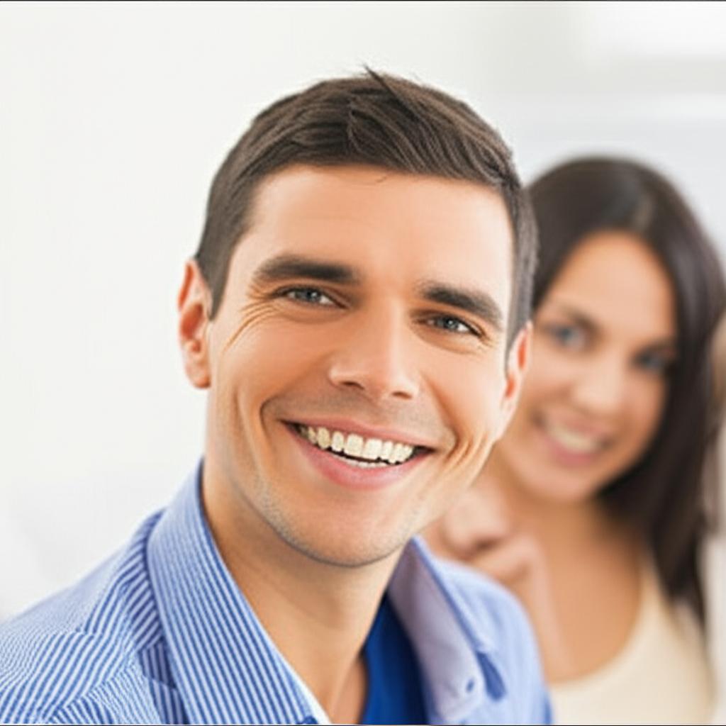 man looking energetic and happy, smiling, maybe with a partner in the background (discreetly), feeling confident, realistic photo