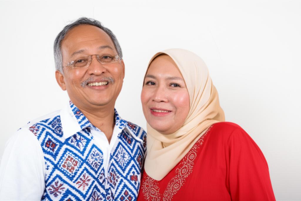 middle aged indonesian man looking energetic and happy, spending time with wife