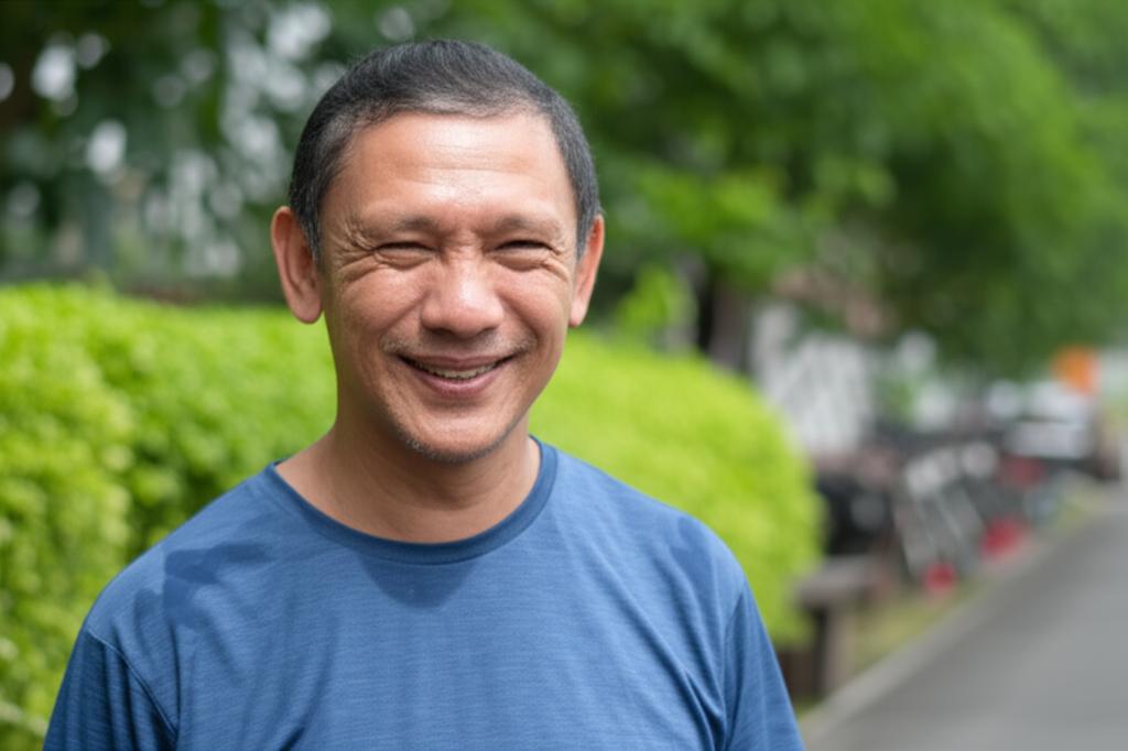 Middle-aged Indonesian man smiling confidently outdoors