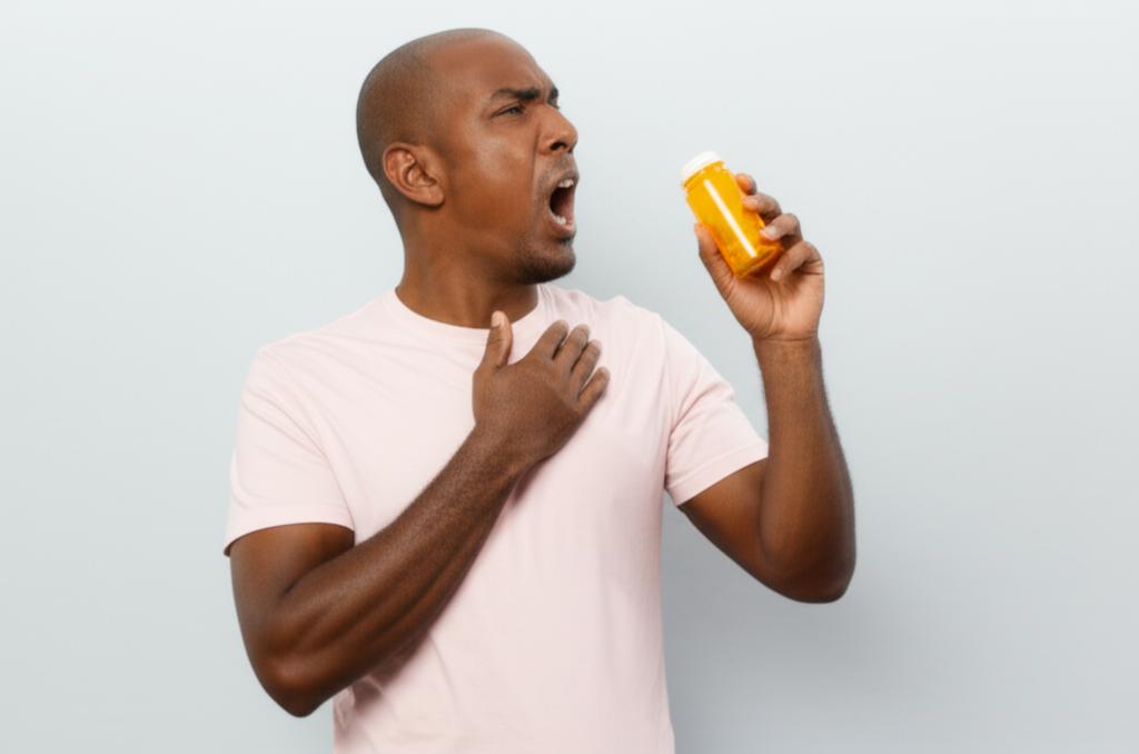 tired man holding pill bottle looking frustrated