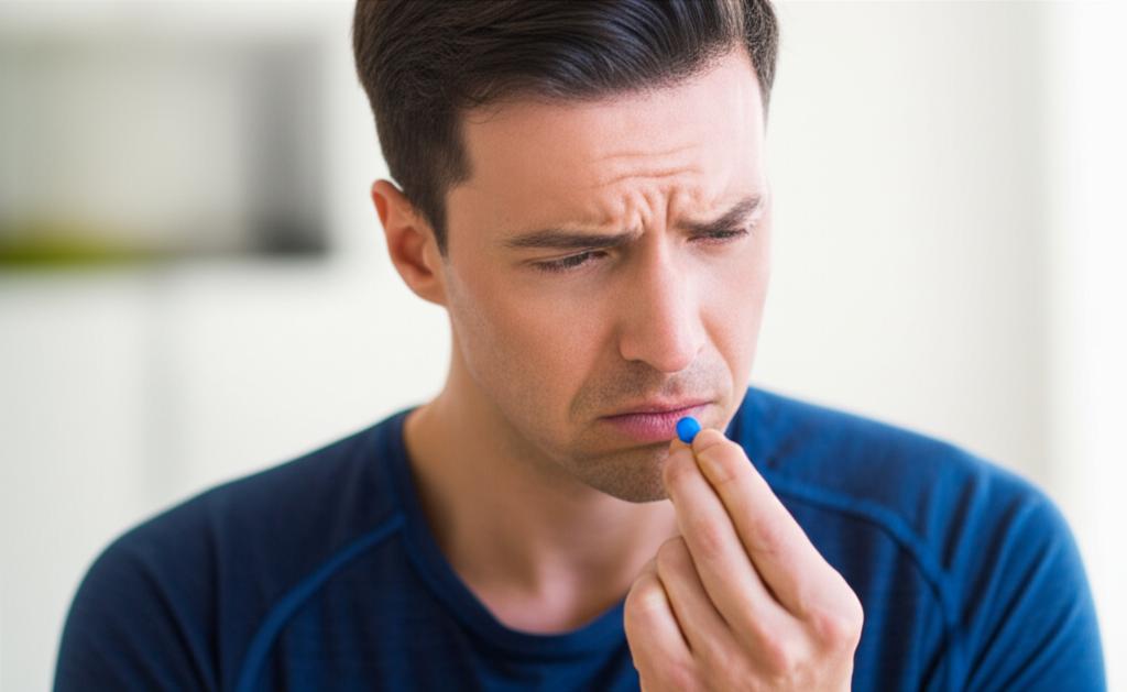 ai prompt: man looking thoughtful or concerned about sexual performance, perhaps holding a temporary solution like a pill