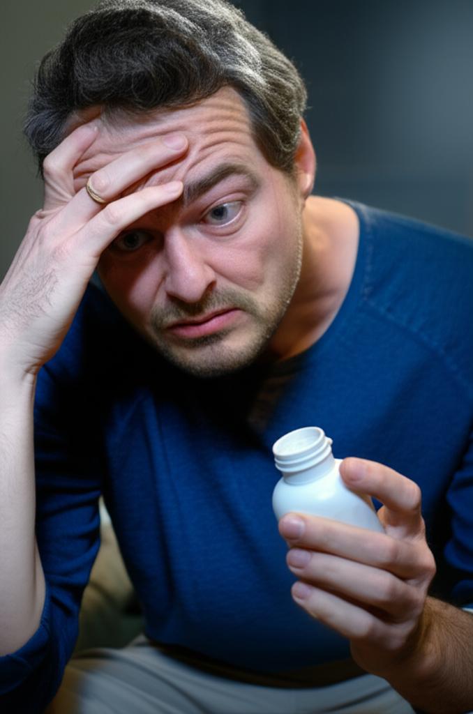 man looking tired and holding a pill bottle, feeling stressed, dark lighting