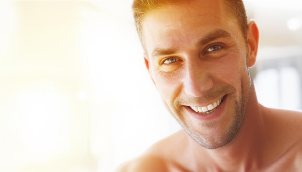 man smiling confidently, looking energetic and healthy, bright background